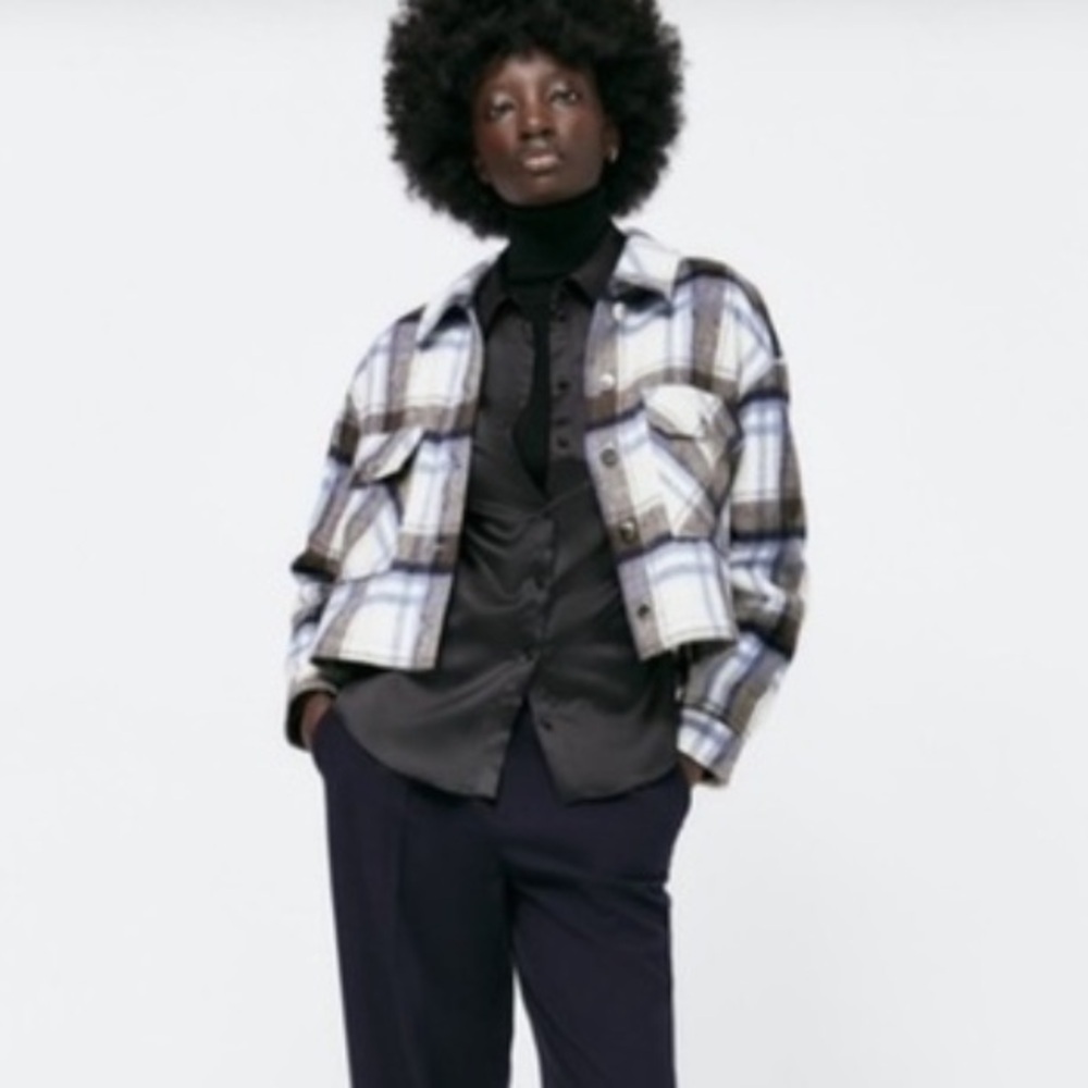 ZARA Cropped Plaid Overshirt Shacket Blue/Brown Sz Large
